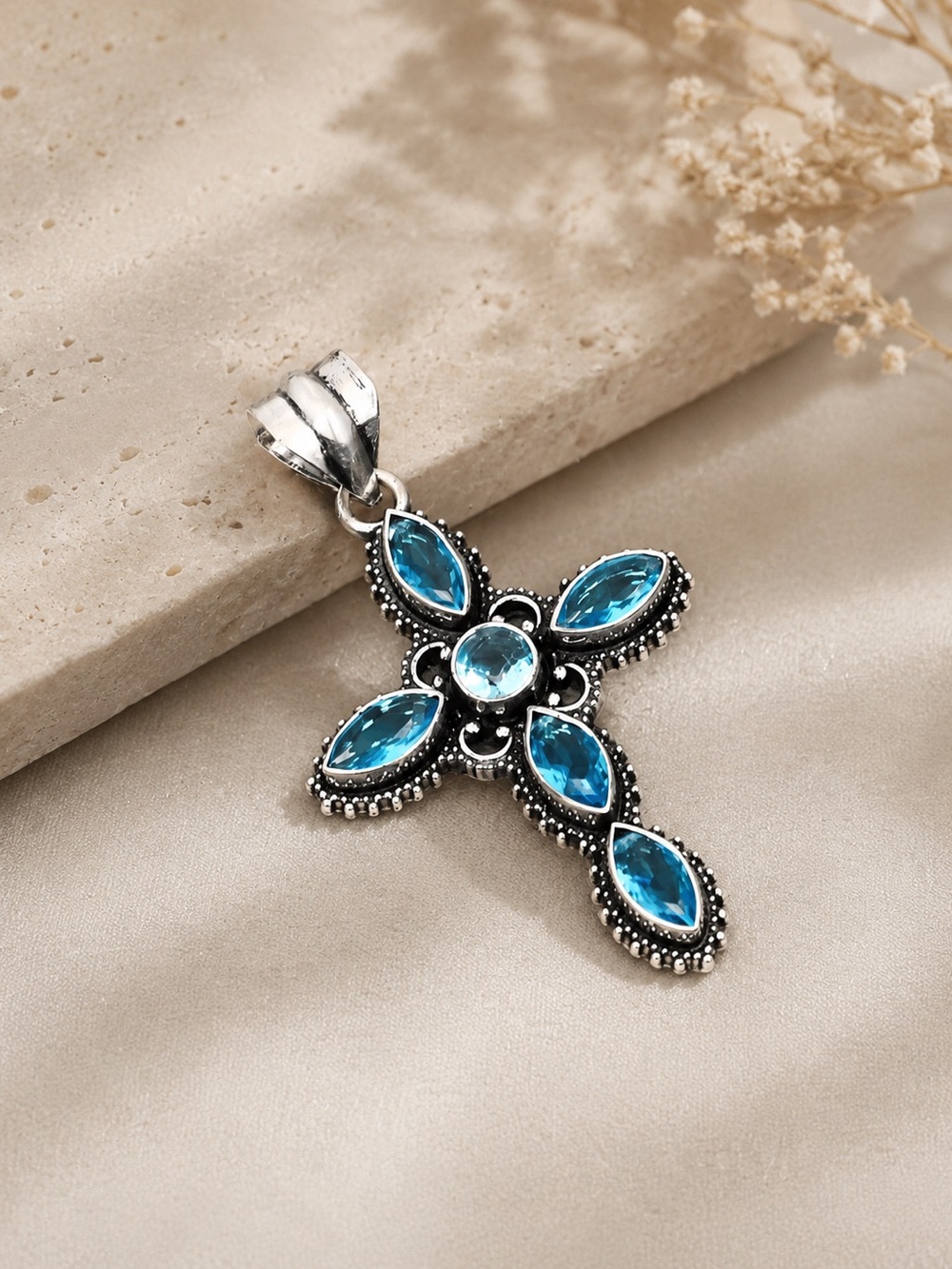 Dainty Blue Topaz Gemstone 925 Silver Cross 2” Pendant